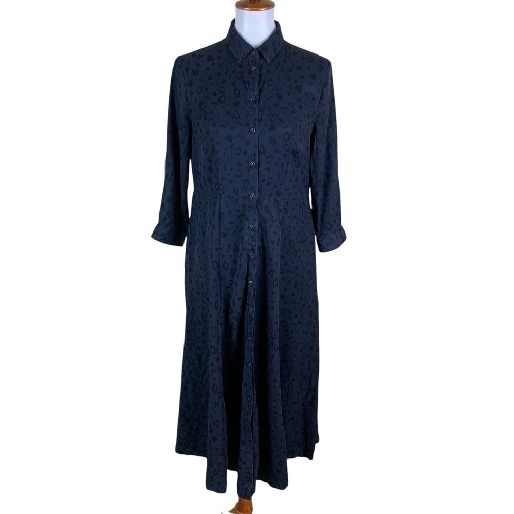 Hush Button Front‎ Midi Dress 8 Navy Leopard Print Chic Minimalist